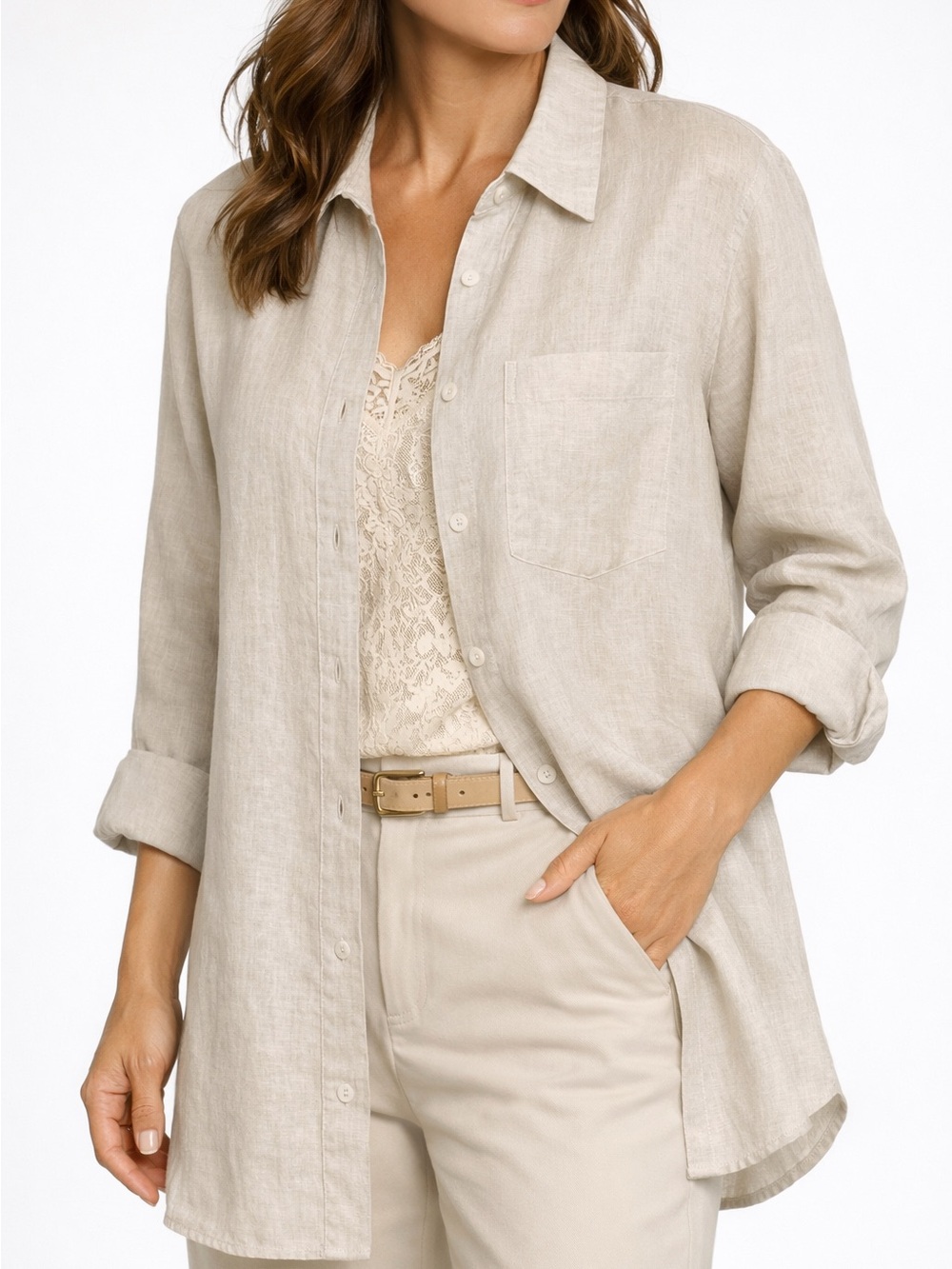 🆕 Liz Claiborne Sport Linen Shirt / Short Dress Cover Up Coastal Luxury Beige L